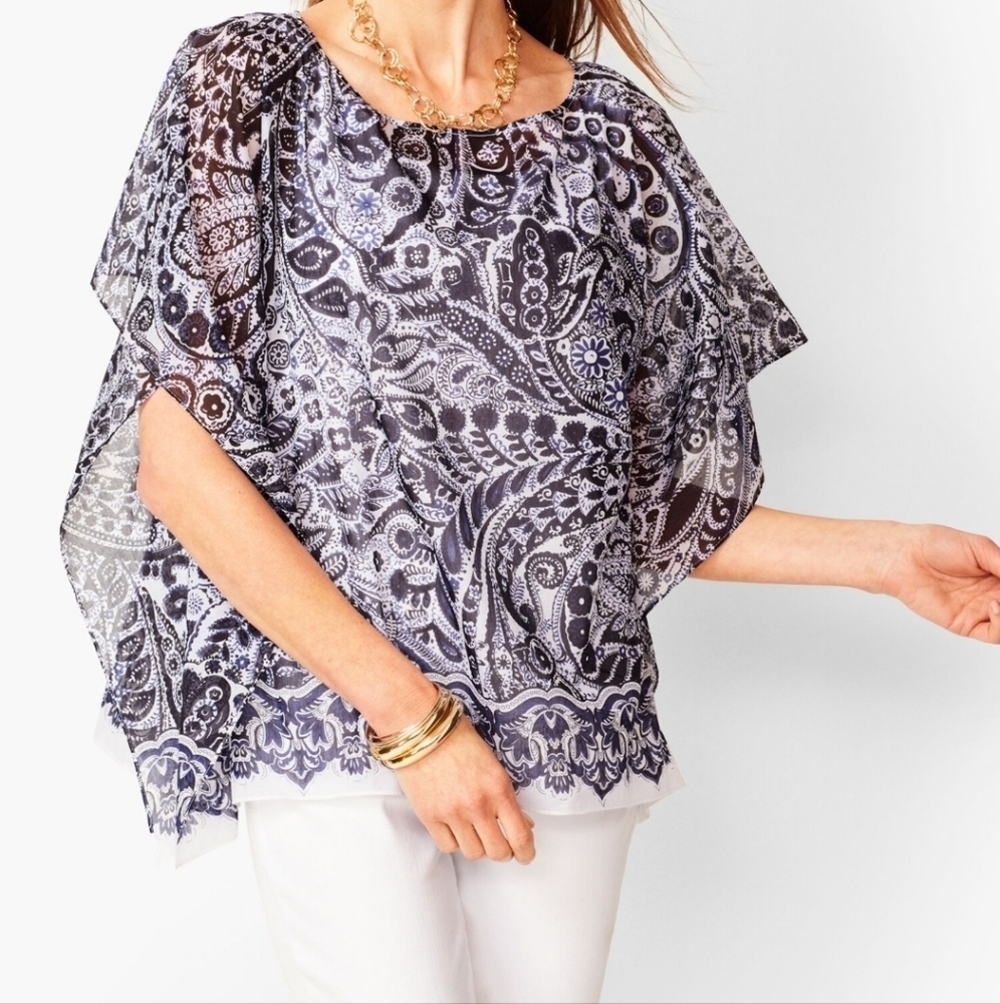 NWT Talbots Silk Cotton Portofino Paisley Sheer Poncho size XS/S Black Blue